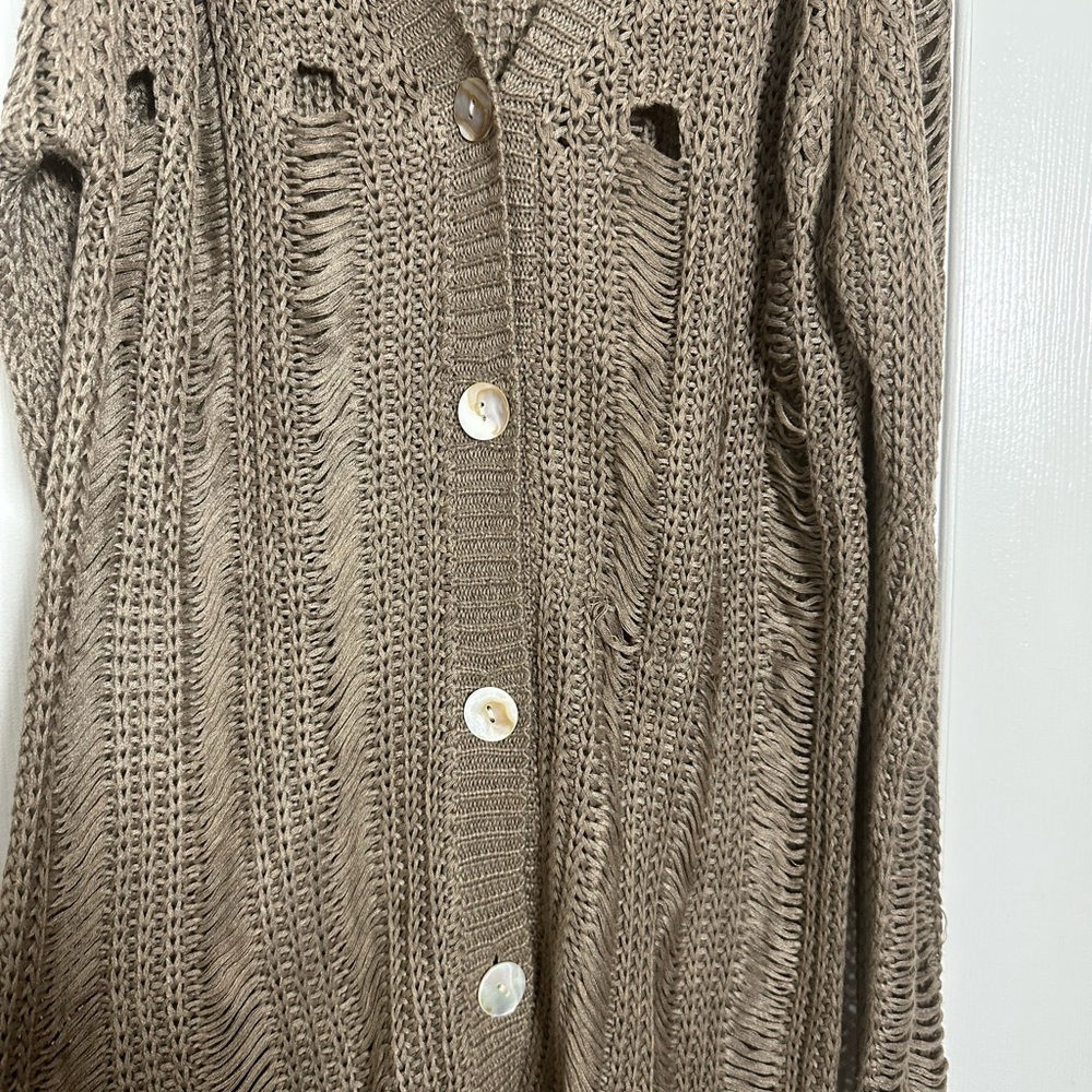 Tan Cardigan Sweater V-Neck Ribbed - Picture 3 of 6